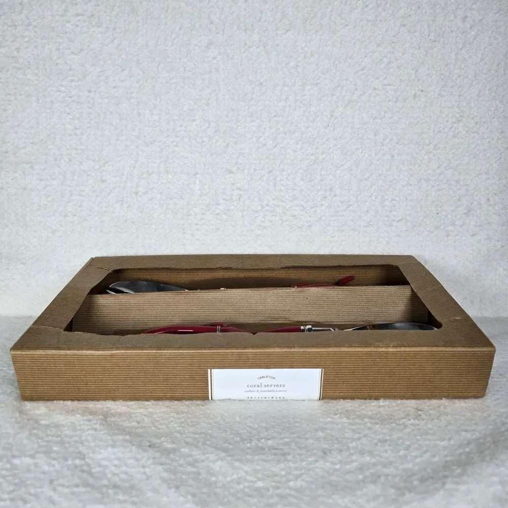 NEW Pottery Barn Red Coral Acrylic Handles Salad Spoon Spork Stainless Steel